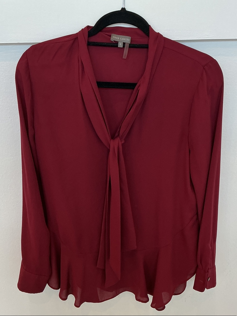 Vince Camuto Burgundy Tie-Neck Long Sleeve Blouse